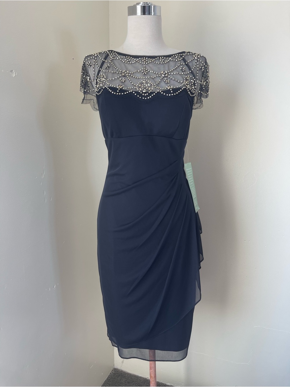 Elegant Black Beaded Midi Dress with Illusion Scalloped Yoke